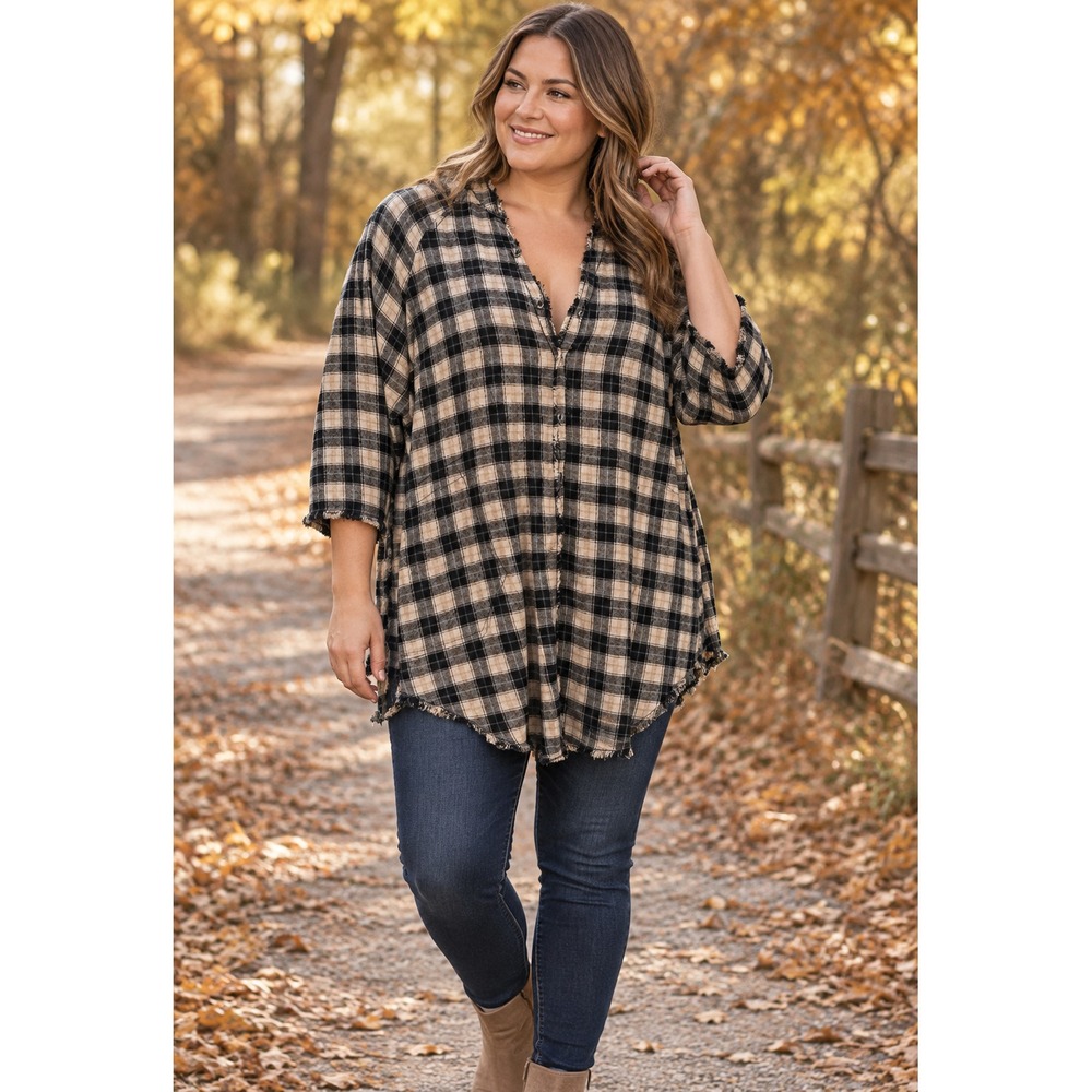 Flawless Long Sleeve Button Up Tunic 100% Cotton Crinkle Raw Hem Fall Cottage M